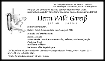 Traueranzeige von Willi Gareiß von Frankenpost