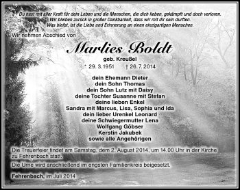 Traueranzeige von Marlies Boldt von Südthüringer Presse