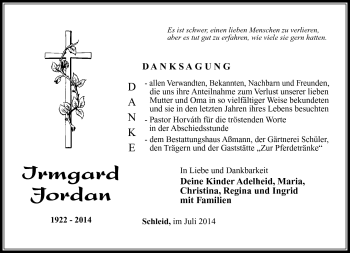 Traueranzeige von Irmgard Jordan von Südthüringer Presse