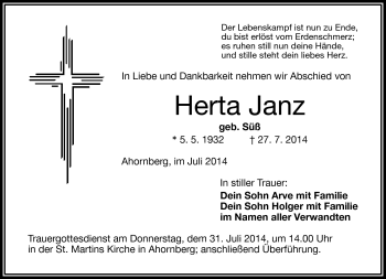 Traueranzeige von Herta Janz von Frankenpost