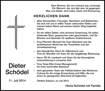 Traueranzeige von Dieter Schödel von Neue Presse Coburg
