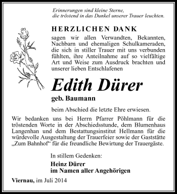 Traueranzeige von Edith Dürer von Südthüringer Presse