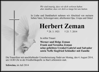 Traueranzeige von Herbert Zemann von Südthüringer Presse