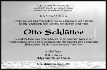 Traueranzeige von Otto Schlütter von Südthüringer Presse