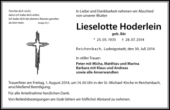 Traueranzeige von Lieselotte Hoderlein von Neue Presse Coburg