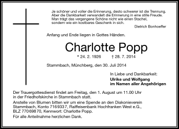 Traueranzeige von Charlotte Popp von Frankenpost