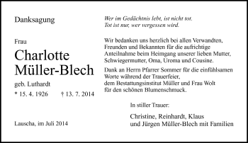Traueranzeige von Charlotte Müller-Blech von Südthüringer Presse
