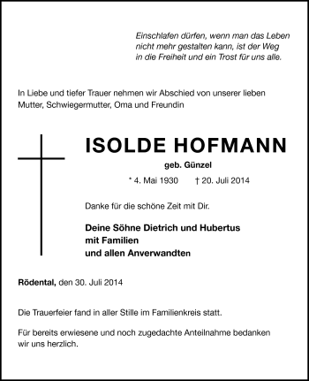 Traueranzeige von Isolde Hofmann von Südthüringer Presse