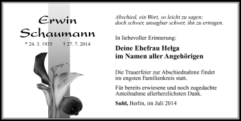 Traueranzeige von Erwin Schaumann von Südthüringer Presse