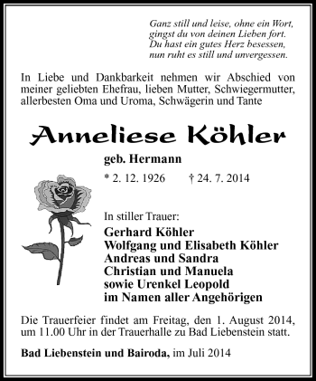 Traueranzeige von Anneliese Köhler von Südthüringer Presse