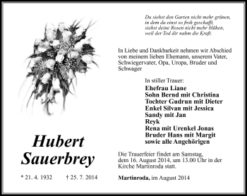 Traueranzeige von Hubert Sauerbrey von Südthüringer Presse