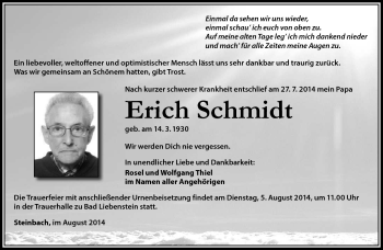 Traueranzeige von Erich Schmidt von Südthüringer Presse
