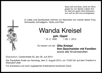 Traueranzeige von Wanda Kreisel von Neue Presse Coburg