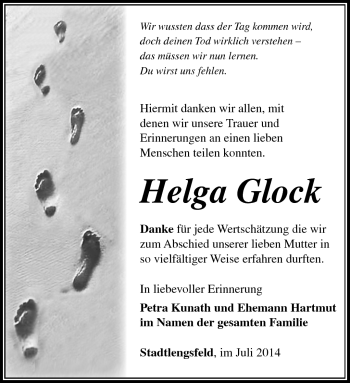 Traueranzeige von Helga Glock von Südthüringer Presse