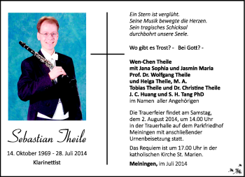 Traueranzeige von Sebastian Theile von Südthüringer Presse