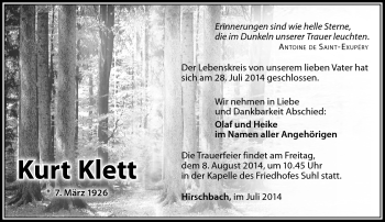 Traueranzeige von Kurt Klett von Südthüringer Presse