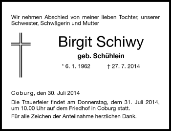 Traueranzeige von Birgit Schiwy von Neue Presse Coburg