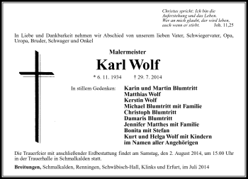 Traueranzeige von Karl Wolf von Südthüringer Presse