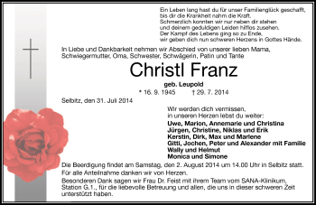 Traueranzeige von Christl Franz von Frankenpost
