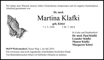 Traueranzeige von Martina Klafki von Neue Presse Coburg