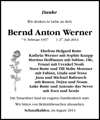 Traueranzeige von Bernd Anton Werner von Südthüringer Presse