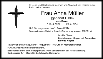 Traueranzeige von Anna Hilde Müller von Frankenpost