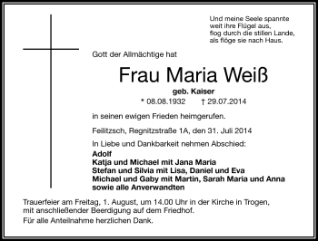 Traueranzeige von Maria Weiß von Frankenpost
