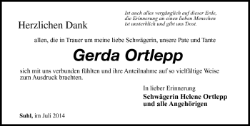 Traueranzeige von Gerda Ortlepp von Südthüringer Presse