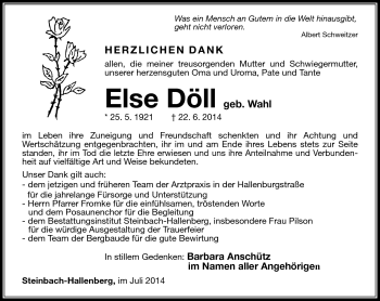 Traueranzeige von Else Döll von Südthüringer Presse