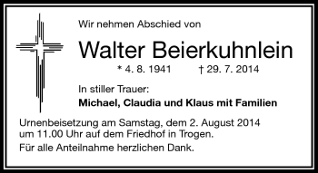 Traueranzeige von Walter Beierkuhnlein von Frankenpost