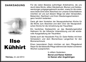 Traueranzeige von Ilse Kühhirt von Südthüringer Presse