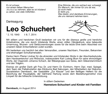 Traueranzeige von Leo Schuchert von Südthüringer Presse