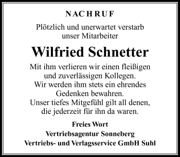 Traueranzeige von Wilfried Schnetter von Südthüringer Presse