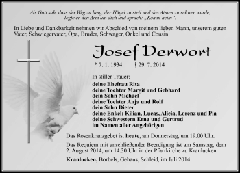 Traueranzeige von Josef Derwort von Südthüringer Presse