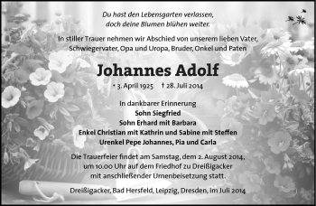 Traueranzeige von Johannes Adolf von Südthüringer Presse