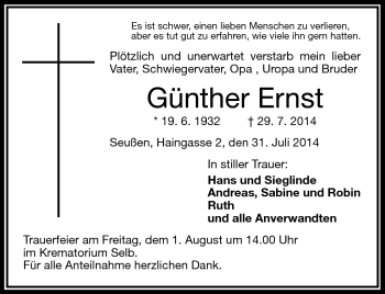 Traueranzeige von Günther Ernst von Frankenpost