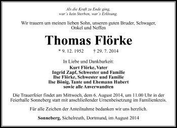 Traueranzeige von Thomas Flörke von Südthüringer Presse