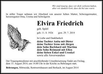 Traueranzeige von Elvira Friedrich von Südthüringer Presse