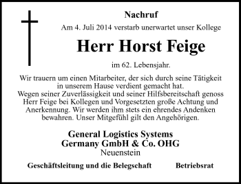 Traueranzeige von Horst Feige von Südthüringer Presse