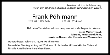 Traueranzeige von Frank Pöhlmann von Frankenpost
