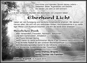 Traueranzeige von Eberhard Licht von Südthüringer Presse