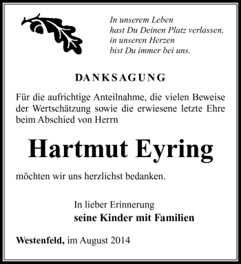 Traueranzeige von Hartmut Eyring von Südthüringer Presse