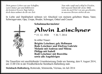 Traueranzeige von Alwin Leischner von Südthüringer Presse