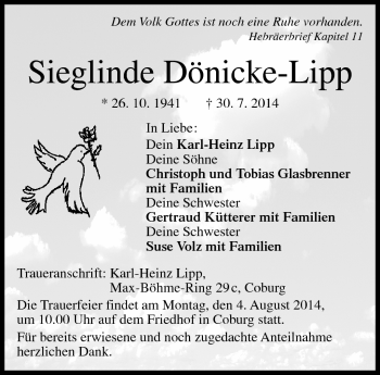 Traueranzeige von Sieglinde Dönicke-Lipp von Neue Presse Coburg
