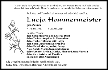 Traueranzeige von lucja Hammermeister von Südthüringer Presse