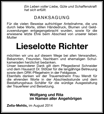 Traueranzeige von Lieselotte Richter von Südthüringer Presse