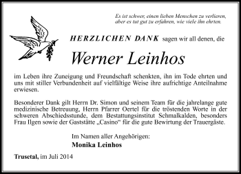 Traueranzeige von Werner Leinhos von Südthüringer Presse