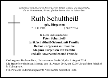 Traueranzeige von Ruth Schultheiß von Neue Presse Coburg