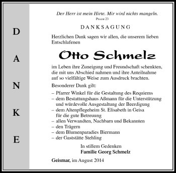 Traueranzeige von Otto Schmelz von Südthüringer Presse