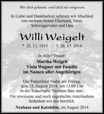 Traueranzeige von Willi Weigelt von Südthüringer Presse